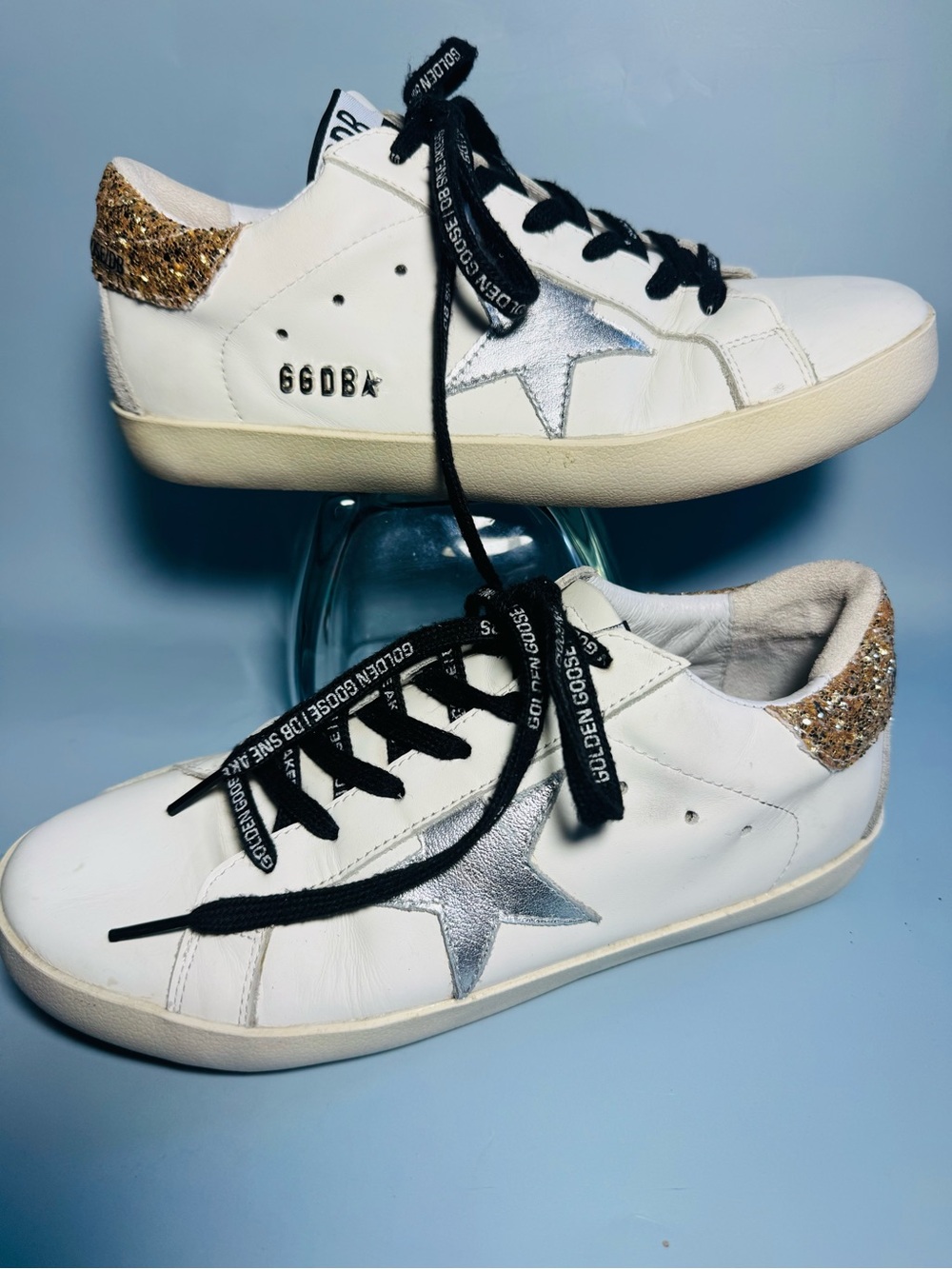 Golden Goose White Sneakers with Silver Star and Gold Heel